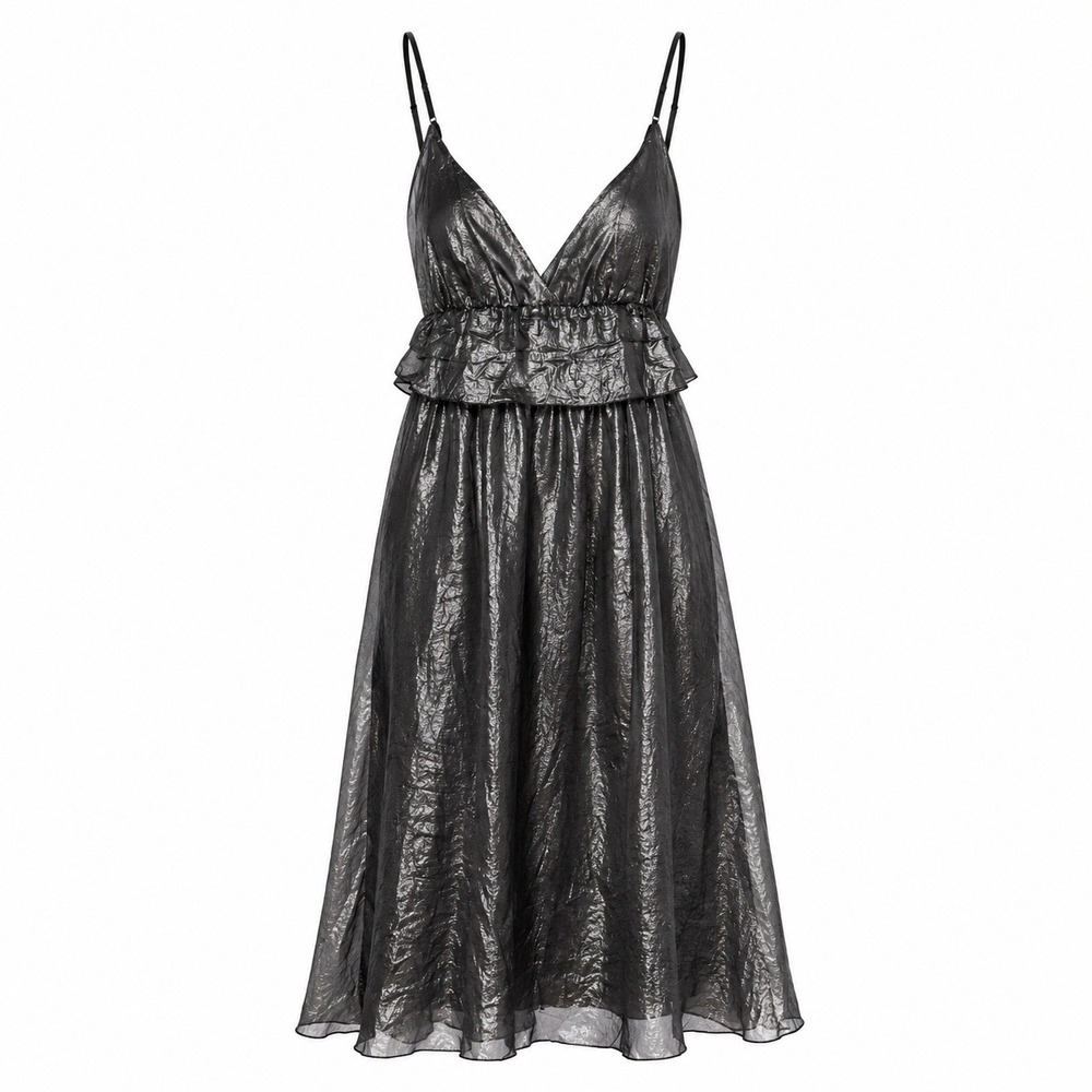 Y2K Metallic Overlay Babydoll Silk Dress Large Romantic Goth Dark Coquette